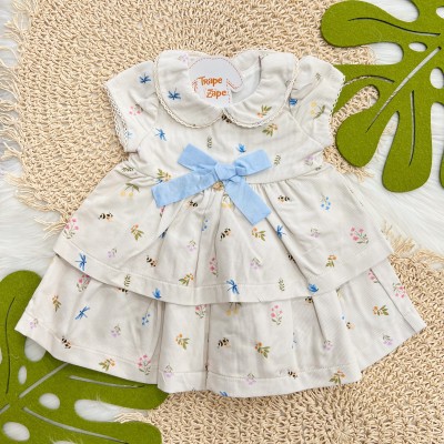Vestido com Florzinhas e Laço - Areia e Azul Bebê